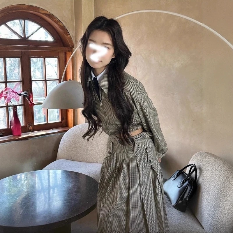 美式学院风条纹套装女2025秋冬新款翻短款领夹克外套百褶长裙套装