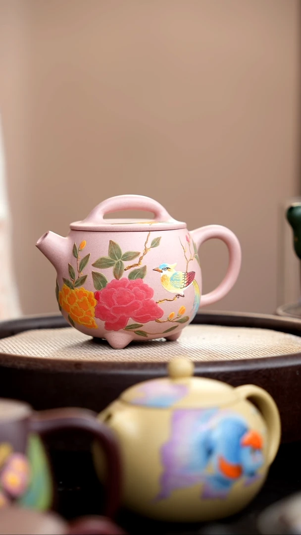 茶壶紫砂粉色胖瓢泥绘花鸟（新珠）