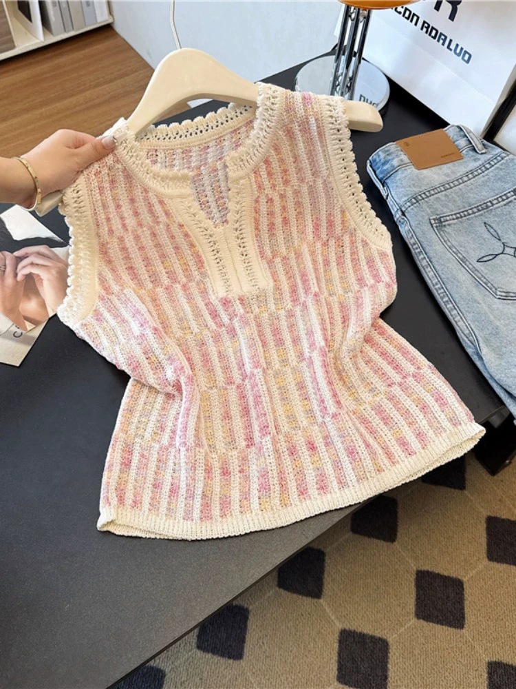 小香风镂空条纹针织短袖背心女2025新款夏季无袖上衣高级薄款小fb