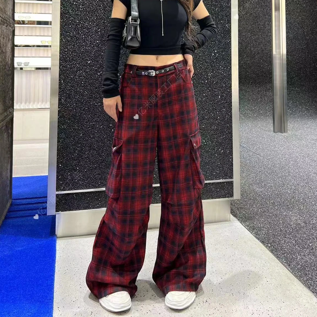 秋季新款直筒显瘦美式复古格子阔腿工装裤