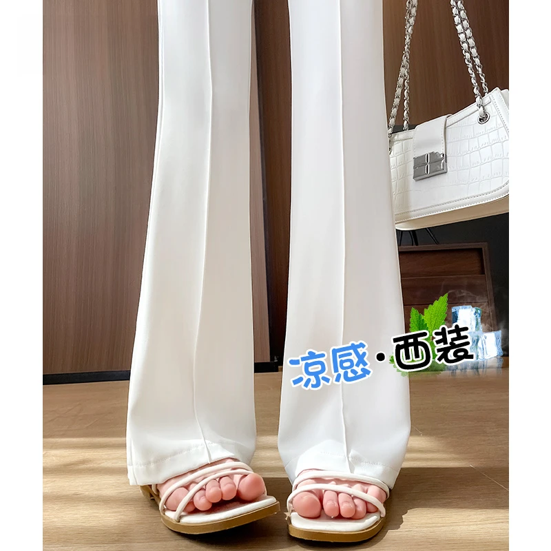 冰丝喇叭裤女夏季薄款2025新款白色马蹄裤子小个子微喇西装裤
