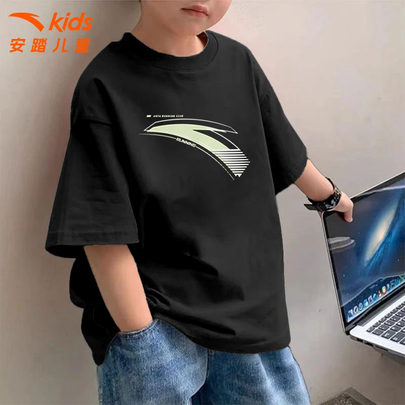 安踏儿童短袖T恤2025夏季休闲速干半袖宽松中大童帅气男童t恤短袖