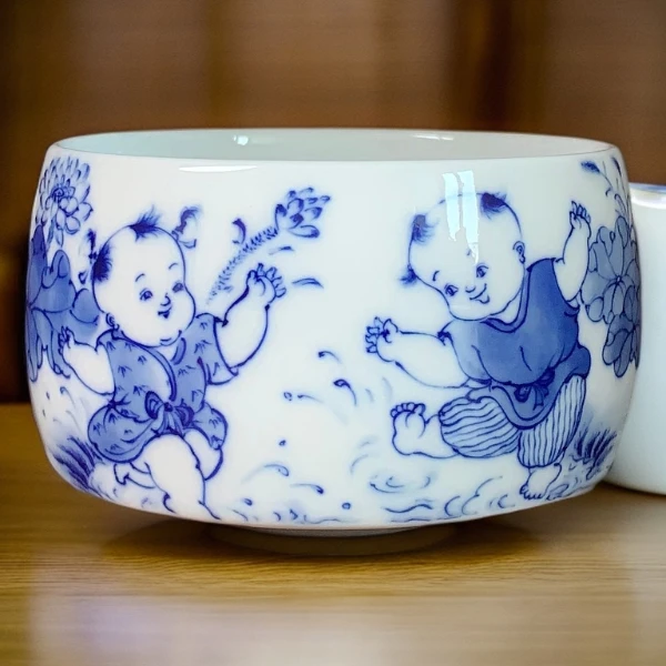 景德镇九段烧九段妙手青花婴戏莲池戏水小禅定大号陶瓷杯杯茶杯