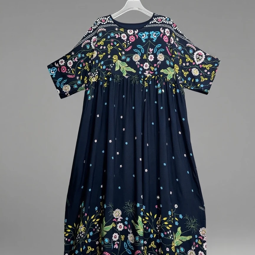 夏季圆领长款成人长裙大码连衣裙常规刺绣新