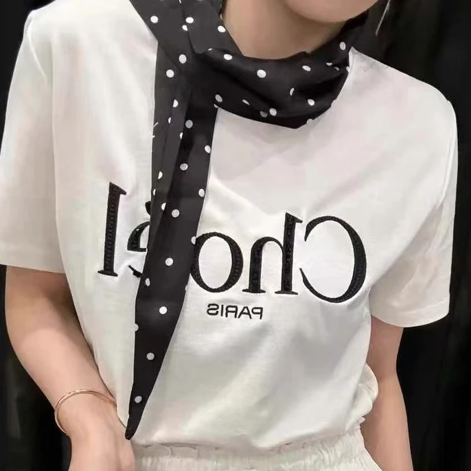 6602#春夏新款女时尚高品质字母印花波点丝巾圆领简约百搭休闲T恤