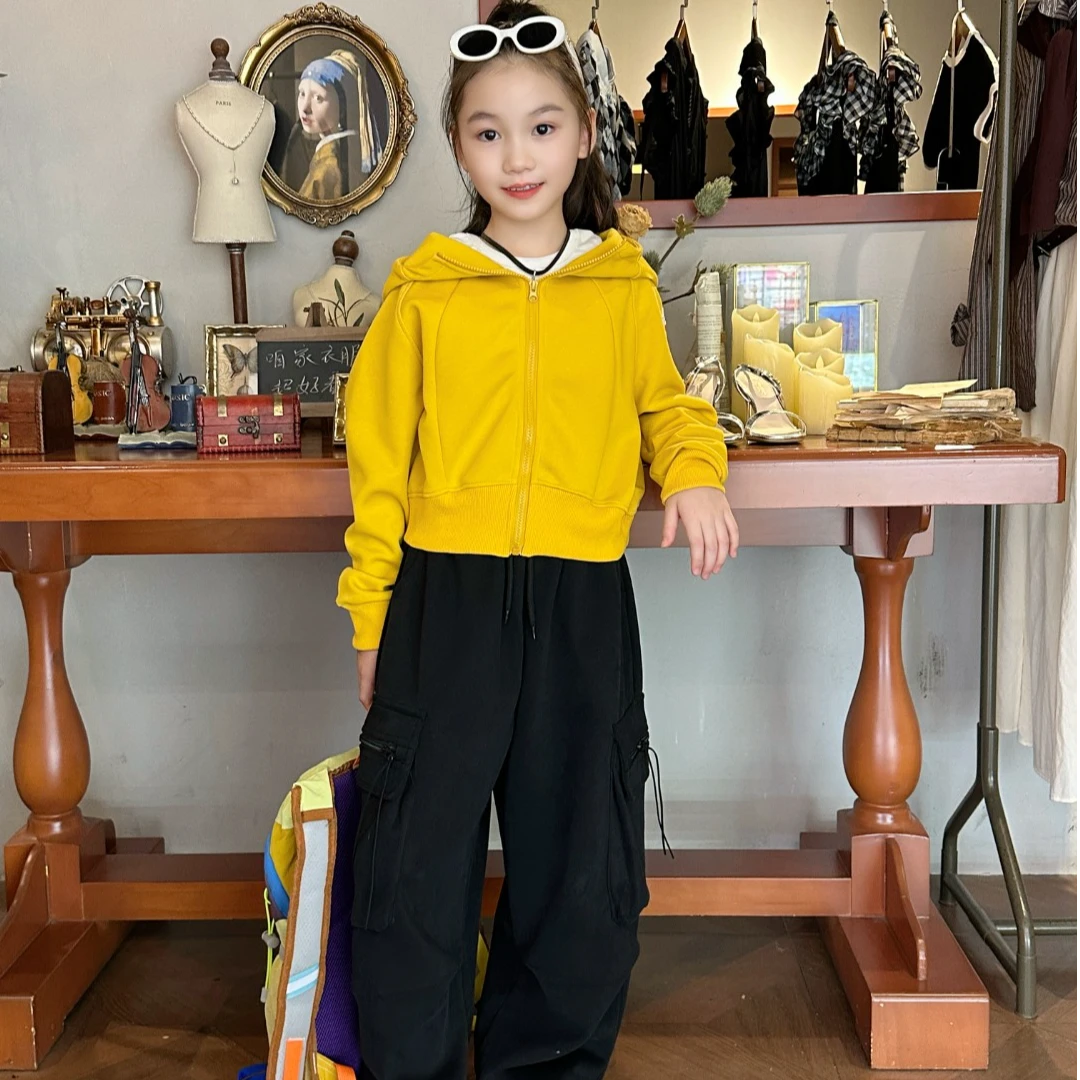 女童时髦春秋套装卫衣连帽外套新款中大童洋气工装阔腿裤两件套潮