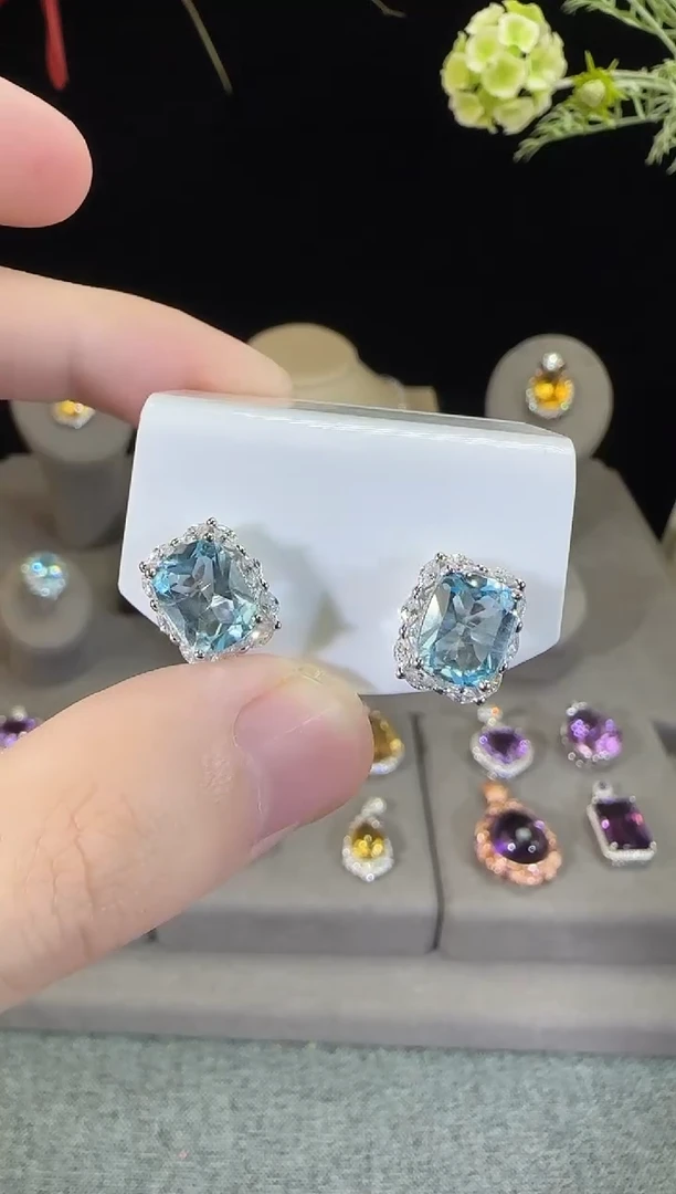 银S925镶嵌耳饰托帕石9*7mm耳钉