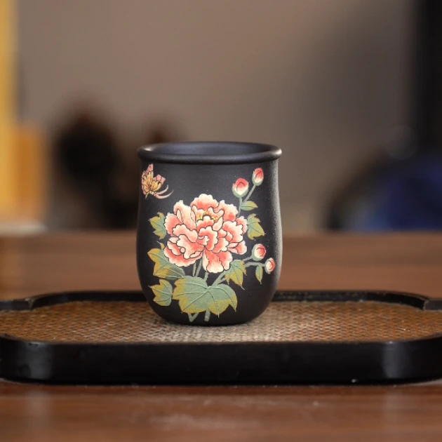 5123珐琅彩红泥原矿紫砂茶具黑墩头堆绘芙蓉花主人杯120cc左右YST