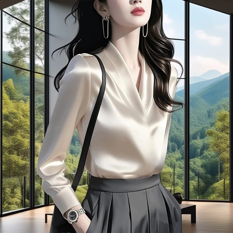 高级感法式小众气质新款2025春上衣荡领衬衣缎面设计V领独特上衣