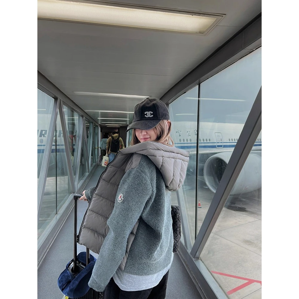 2025冬季新款针织拼接棉服连帽外套