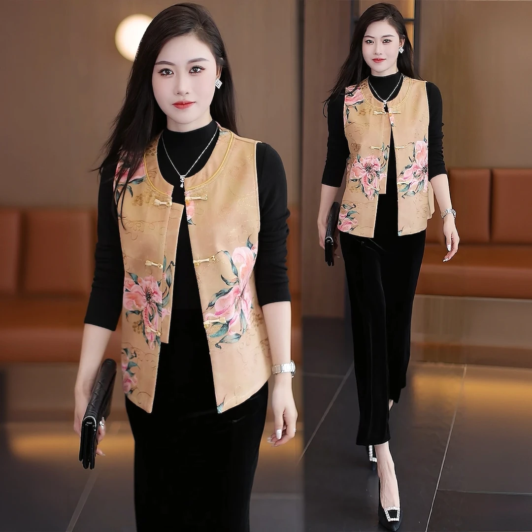 新中式国风马甲女2025秋季新款提花气质百搭显瘦减龄刺绣上衣8898