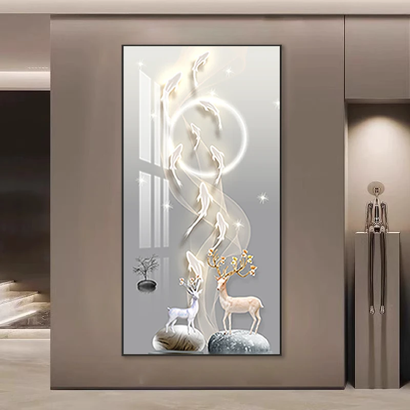 中式轻奢九鱼图玄关挂画小鹿踏石荷塘月色花卉走廊手工晶瓷挂画