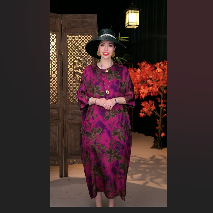 【洋红】新款春夏宽松松弛感国风服装袍子女装香云纱连衣裙