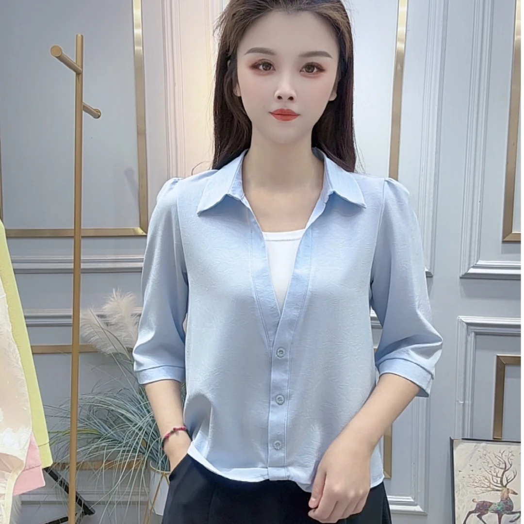 时尚洋气假两件七分袖衬衫女2025春夏新款显瘦遮肚子休闲百搭衬衣