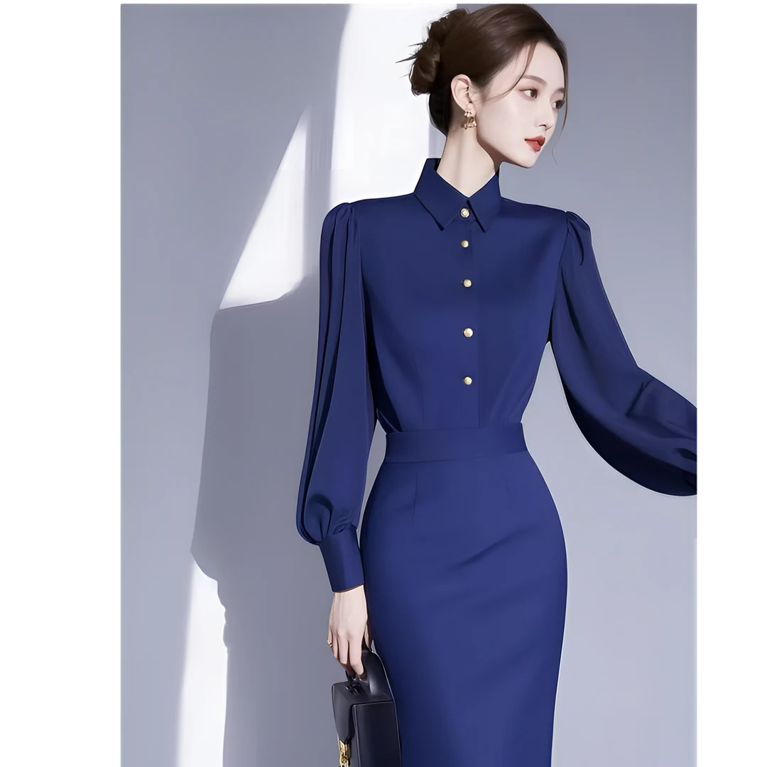 2025年新款春季冷淡系独特别致裙子法式气质高级感蓝色衬衫连衣裙