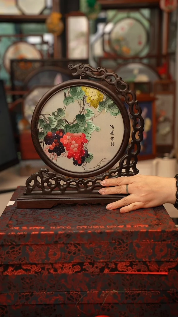 扇子龙头架 苏绣双面绣摆台