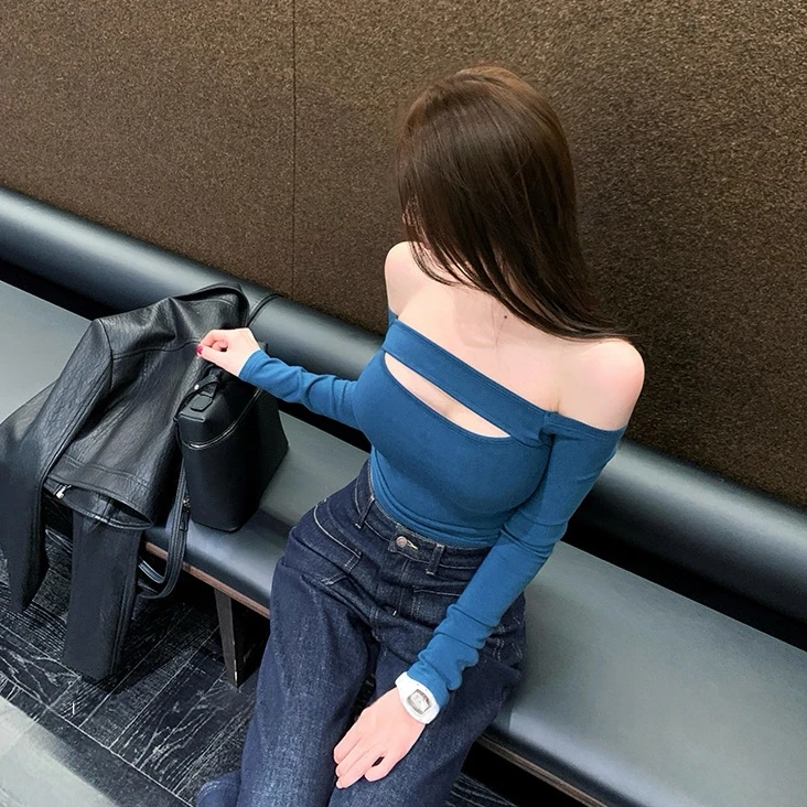 【漫感轮廓】纯欲性感镂空设计一字肩修身T恤长袖上衣女1956#