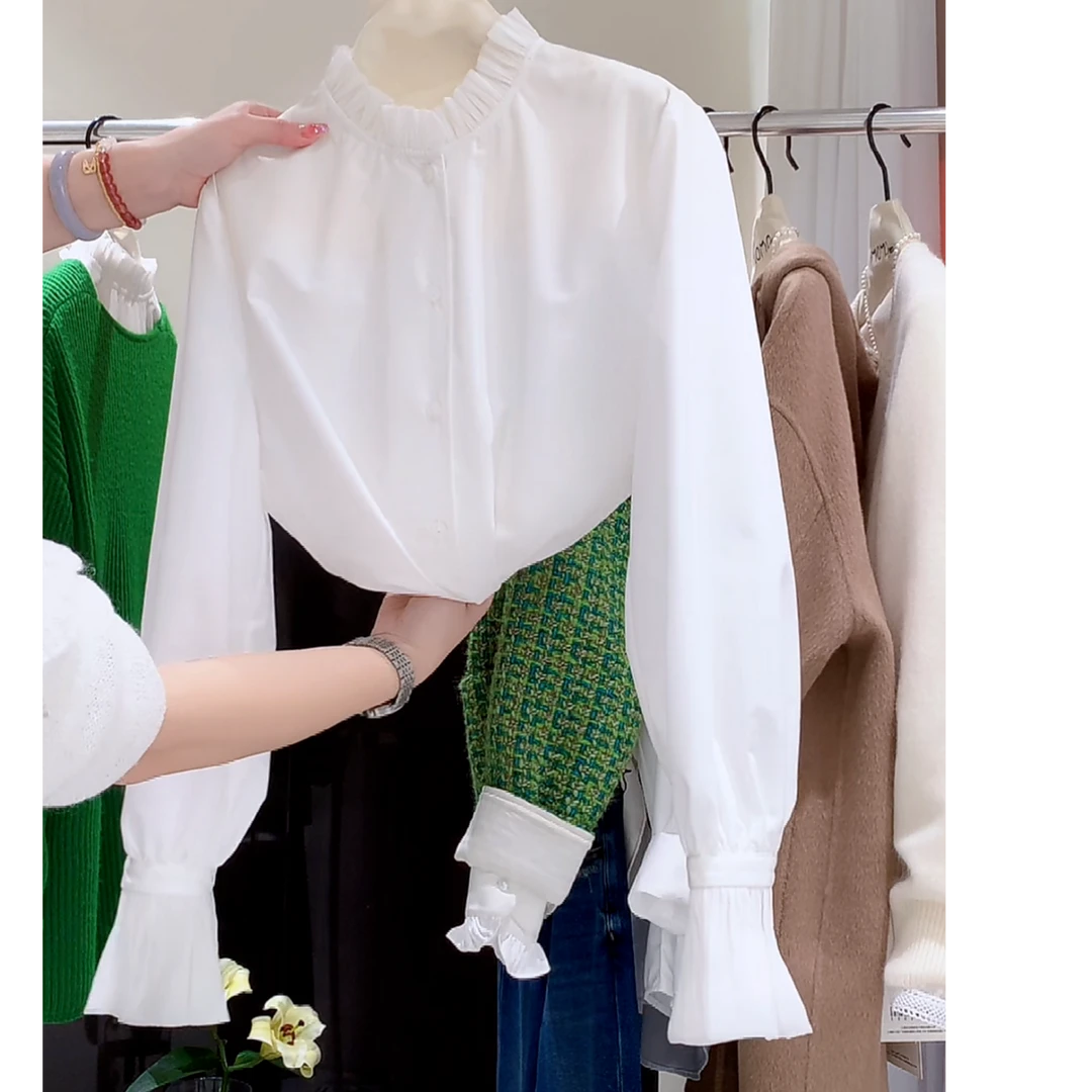 设计精致木耳边领荷叶袖百搭衬衫女2025春款不透亲肤不易皱白衬衣
