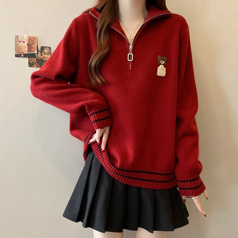 大码卡通小熊半拉链红色毛衣女秋冬微胖MM宽松显瘦百搭洋气针织衫