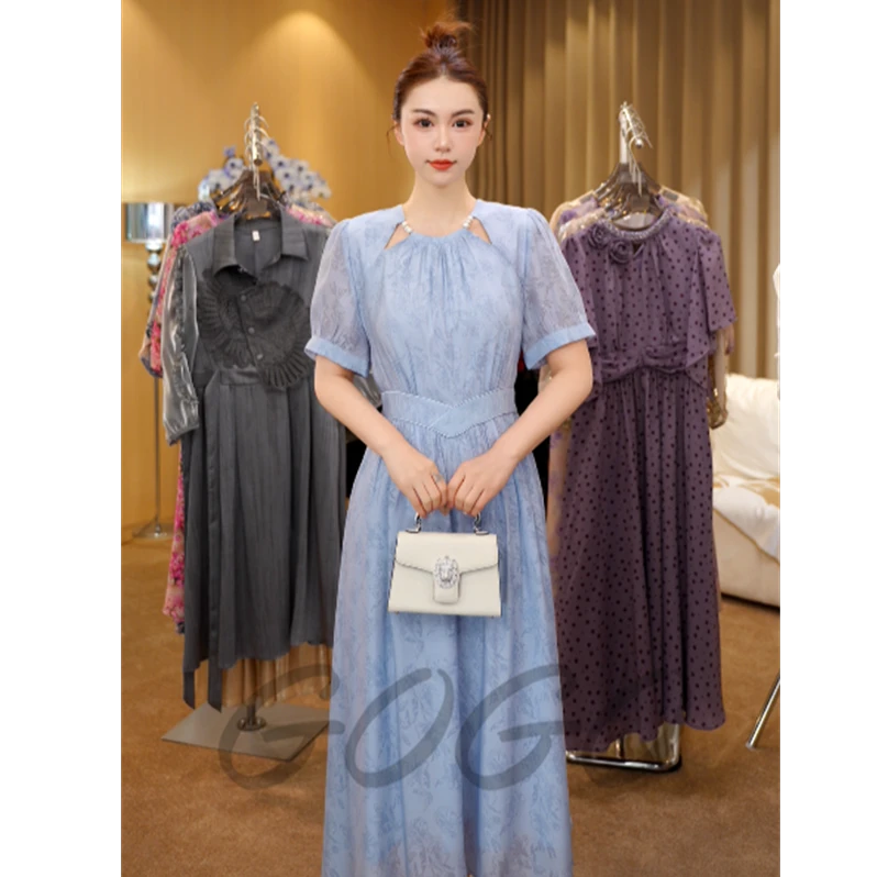 蓝风铃 G6023新款夏季气质收腰裙子蓝色显白连衣裙高端女装