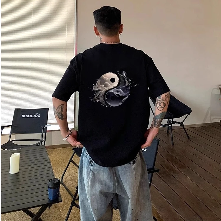 美式街头西海岸复古太极图印花短袖T恤男宽松设计感纯棉重磅上衣