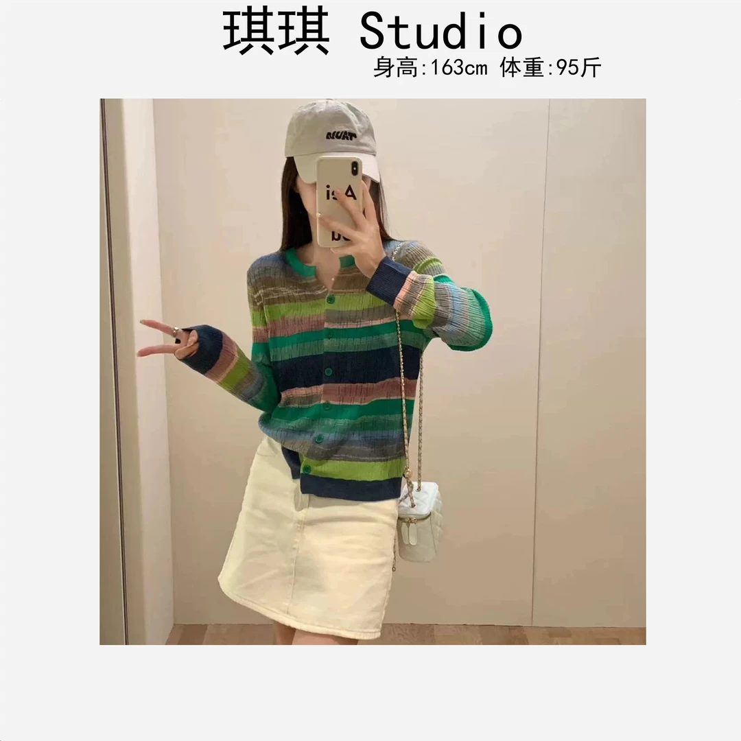 春季新款潮流气质时尚撞色条纹圆领排扣舒适亲肤减龄针织开衫-M