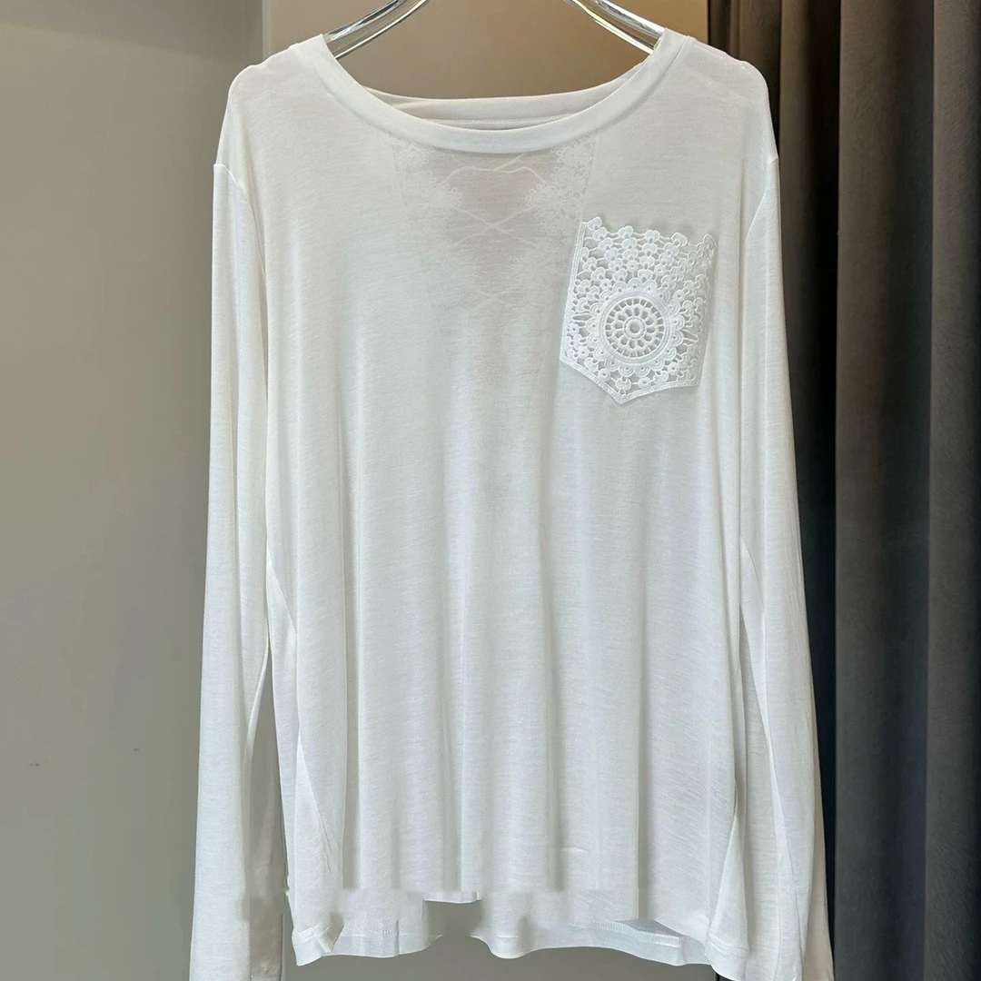 D50089南油爆款气质简约后背蕾丝交叉长袖T恤