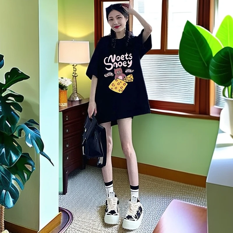 高端大牌宽松短袖t恤女2025新款夏季遮屁股中长款下半身失踪体恤