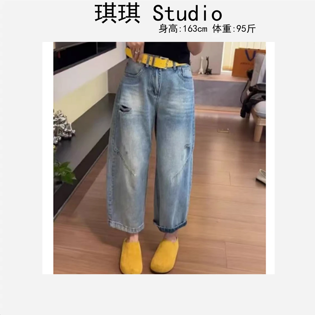 春季新款气质时尚破洞压褶韩版显瘦减龄休闲百搭牛仔裤89818-U