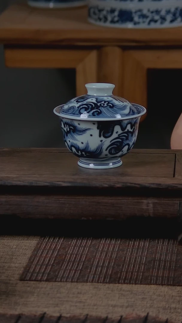 盖碗折葵非器手工手绘海水纹两才盖碗