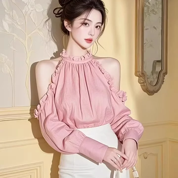 粉色高级感露肩长袖衬衫女春季设计感小众独特别致超好看漂亮上衣