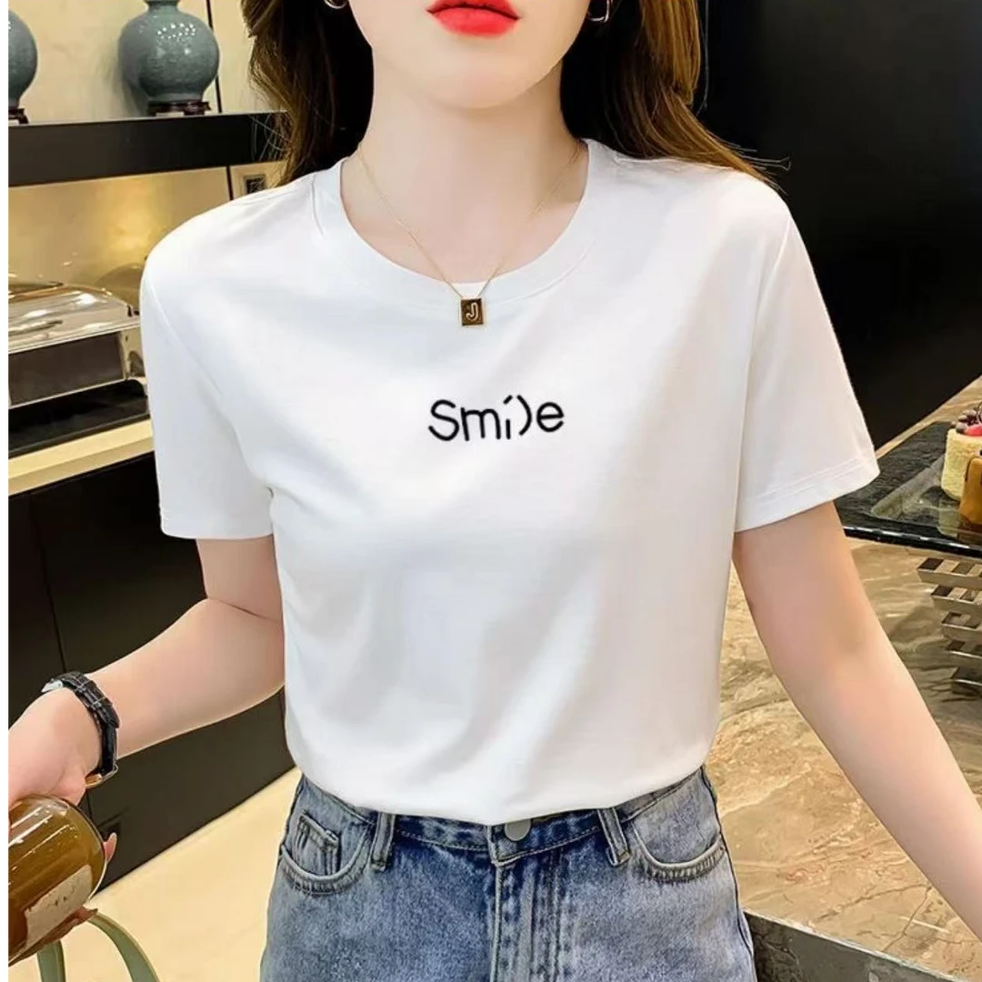 正肩短袖T恤女2025夏装新款流行小衫宽松圆领上衣夏季大码体恤潮