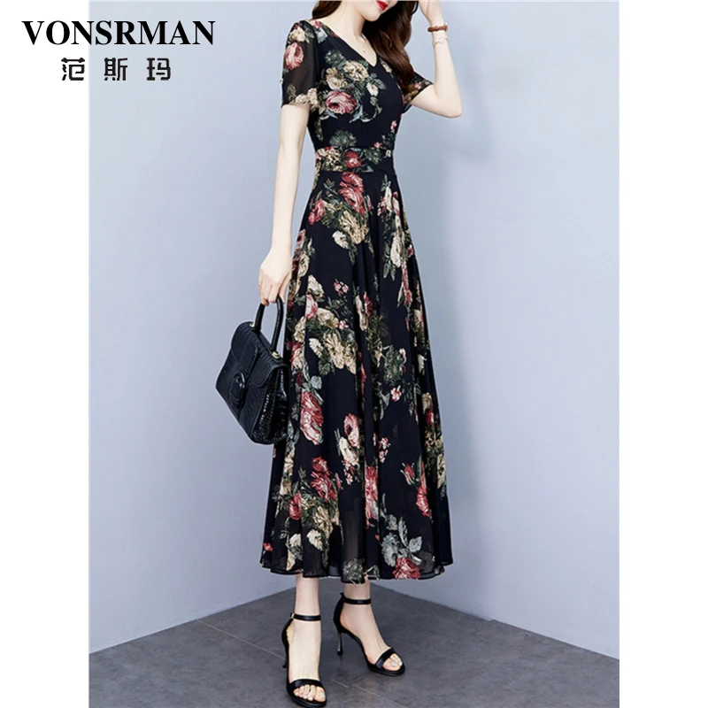 VONSRMAN碎花连衣裙子女士夏季2025年新款收腰显瘦时尚气质连衣裙