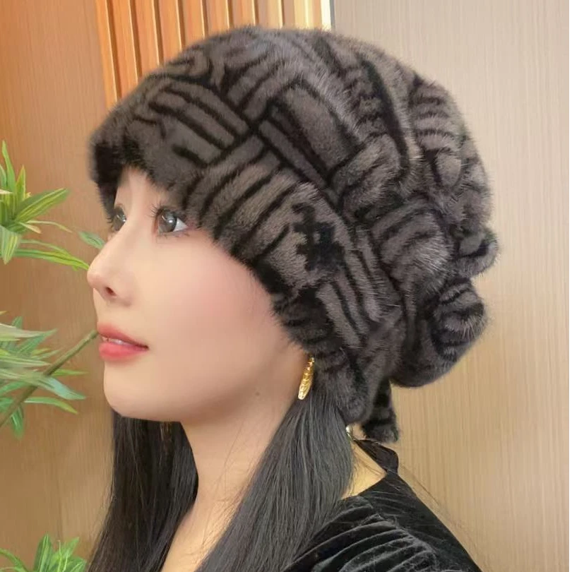 【暮山色冷帽】水貂帽子包头帽女士堆堆帽水貂毛护耳冬天时尚保暖