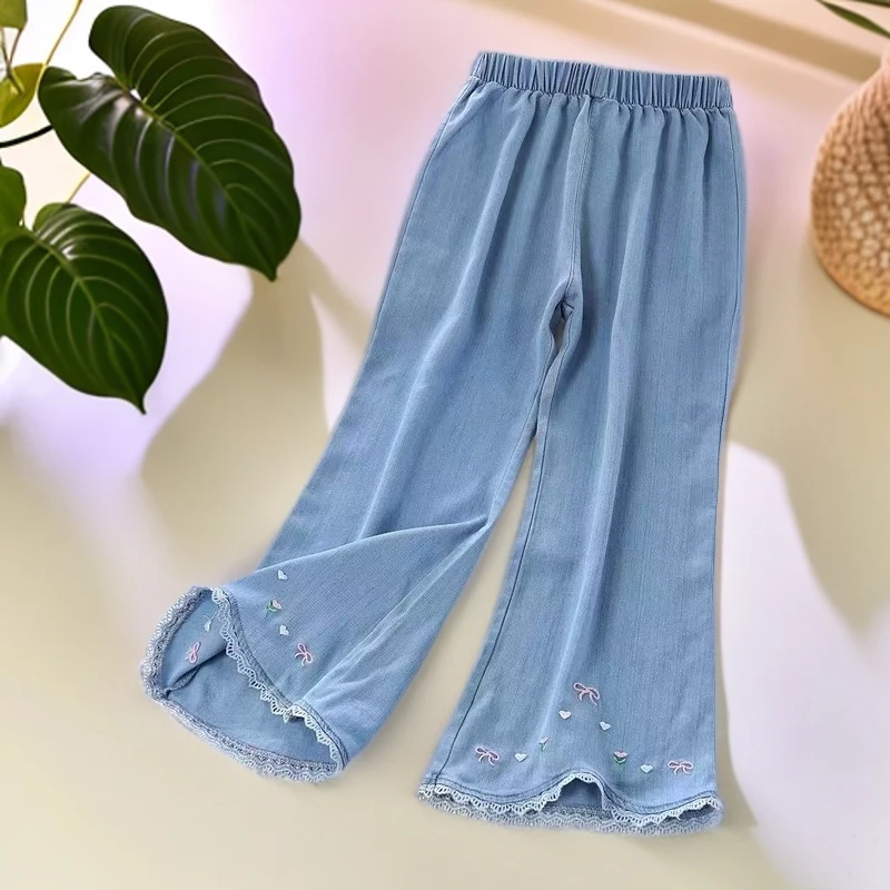 女童喇叭裤2025夏季新款儿童裤防蚊裤开叉刺绣小花朵薄款柔软舒适