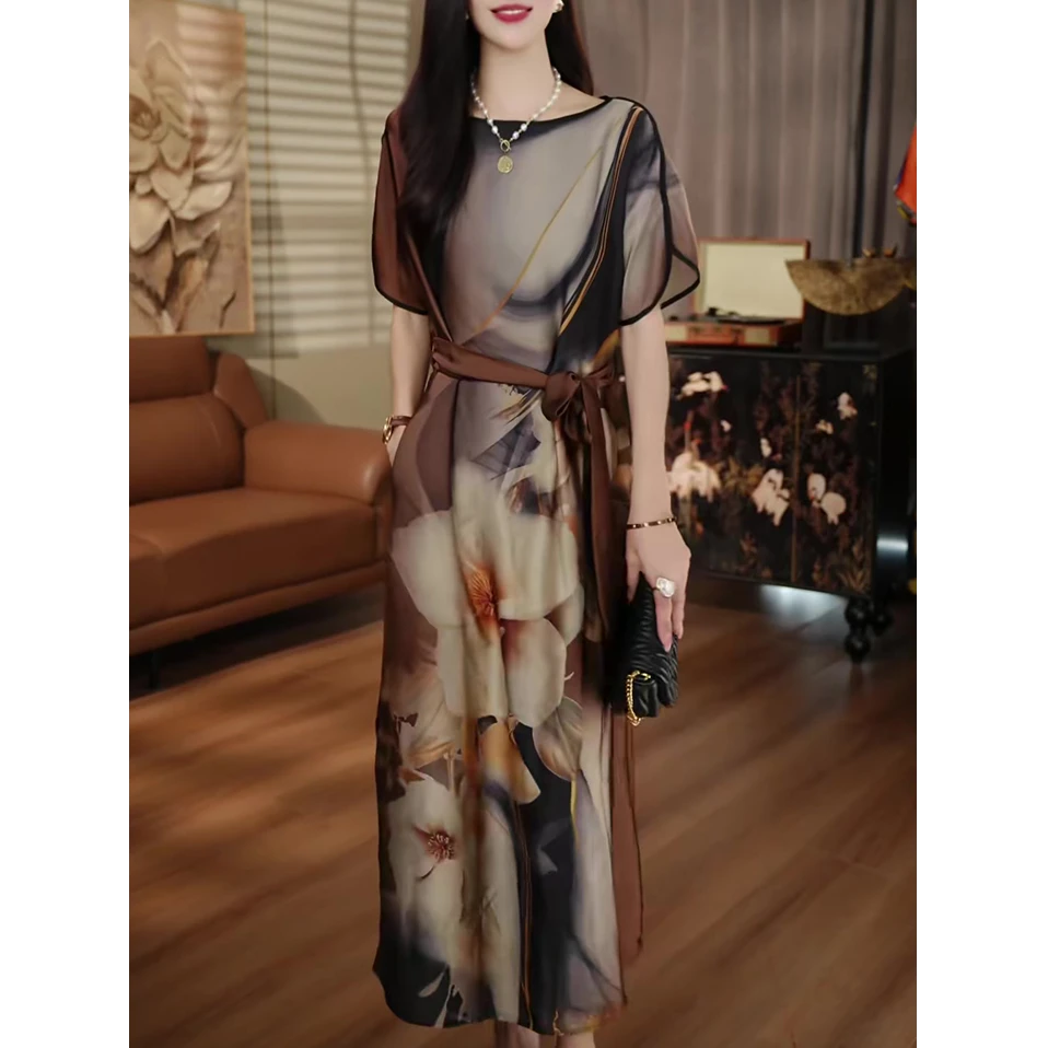 高奢时尚印花连衣裙2025夏季新款新中式宽松显瘦减龄气质高贵长裙