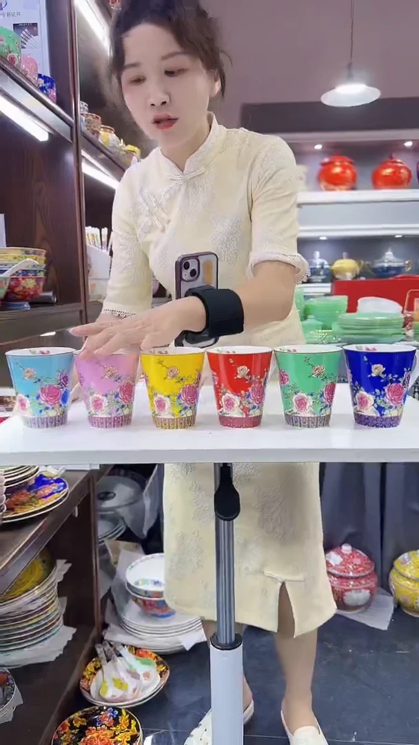 瓷片牡丹花卉杯子6只装景德镇陶瓷