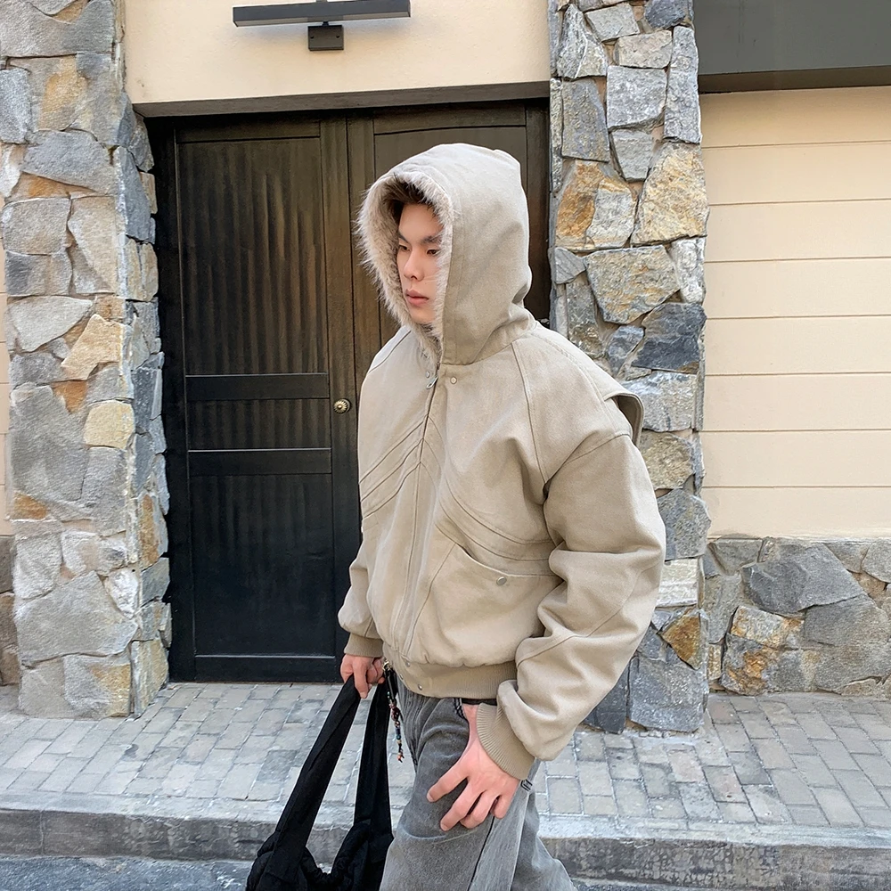 座山雕加绒加厚外套男cleanfit鲨鱼腮剪裁重磅帆布水洗棉服夹克