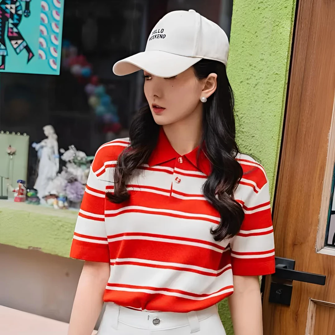 GIRDEAR/哥弟夏季时尚休闲显瘦条纹女装夏季日系条纹短款针织衫