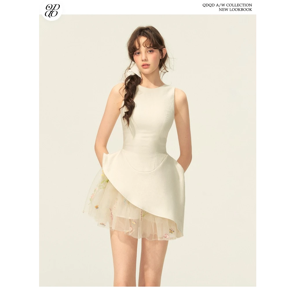 QDQD 白色气质芭蕾风蓬蓬裙收腰修身显瘦不规则下摆无袖背心裙子