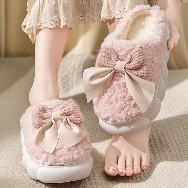 女士厚底超软蝴蝶结棉拖鞋秋冬季室内居家防滑拖鞋加绒保暖毛绒