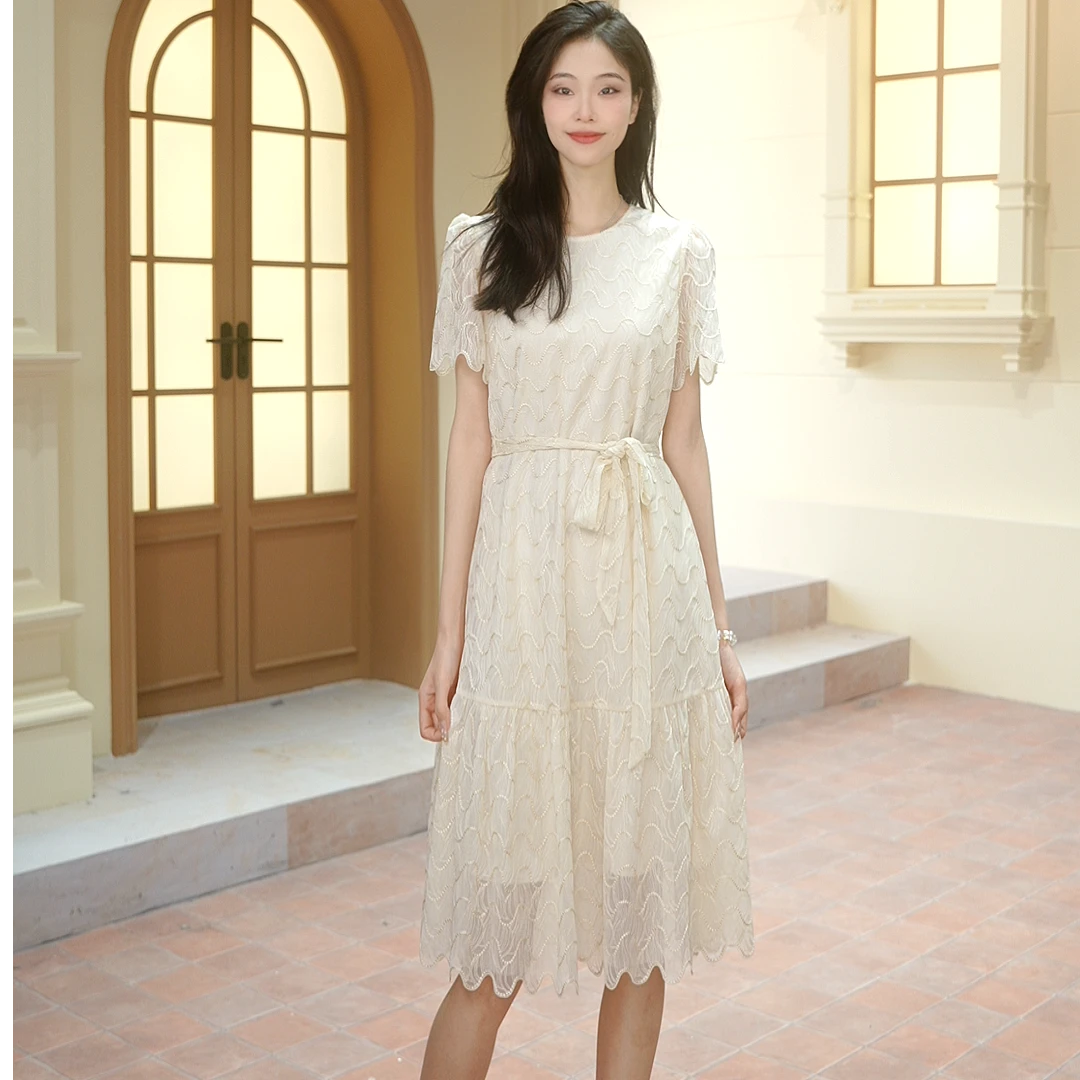 玖姿安娜蔻KWFX50112法式优雅重工绣花蕾丝收腰连衣裙女2025夏