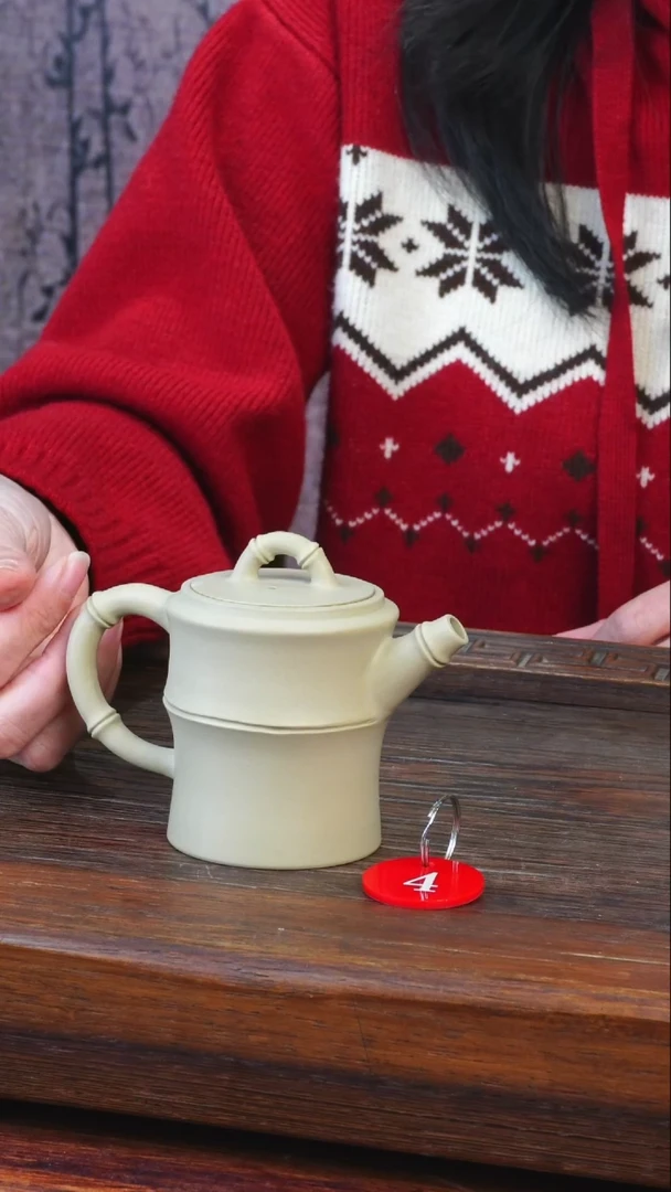 4号逢春紫陶全手工白泥哑亮竹节壶150ml（微瑕）