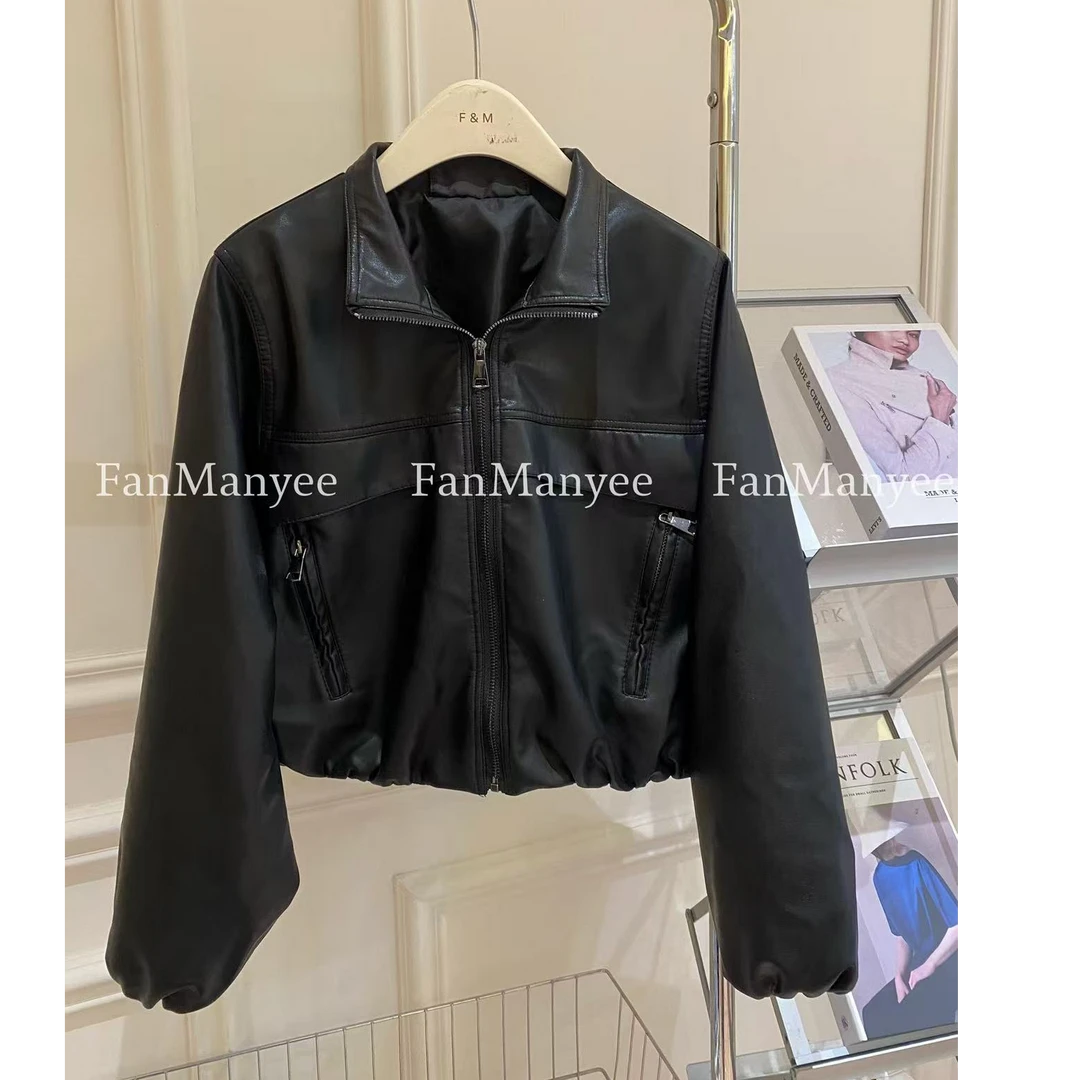 【酷飒学姐】早春立领韩版宽松机车皮衣夹克软皮黑色短款外套x