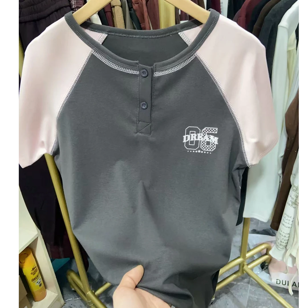 A1909粉灰擦肩OG半开扣短袖T恤