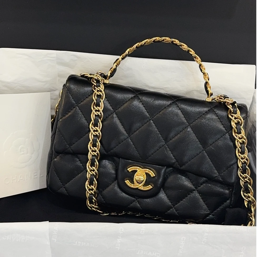 99新 Chanel/香奈儿 蔚蓝/23S黑金 油蜡皮麻花手柄cf 大mini