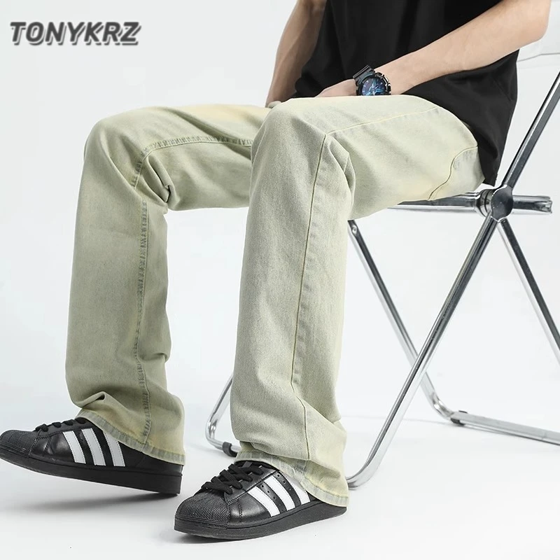 TONYKRZ美式复古高街黄泥水洗做旧牛仔裤男ins潮牌直筒微喇长裤子