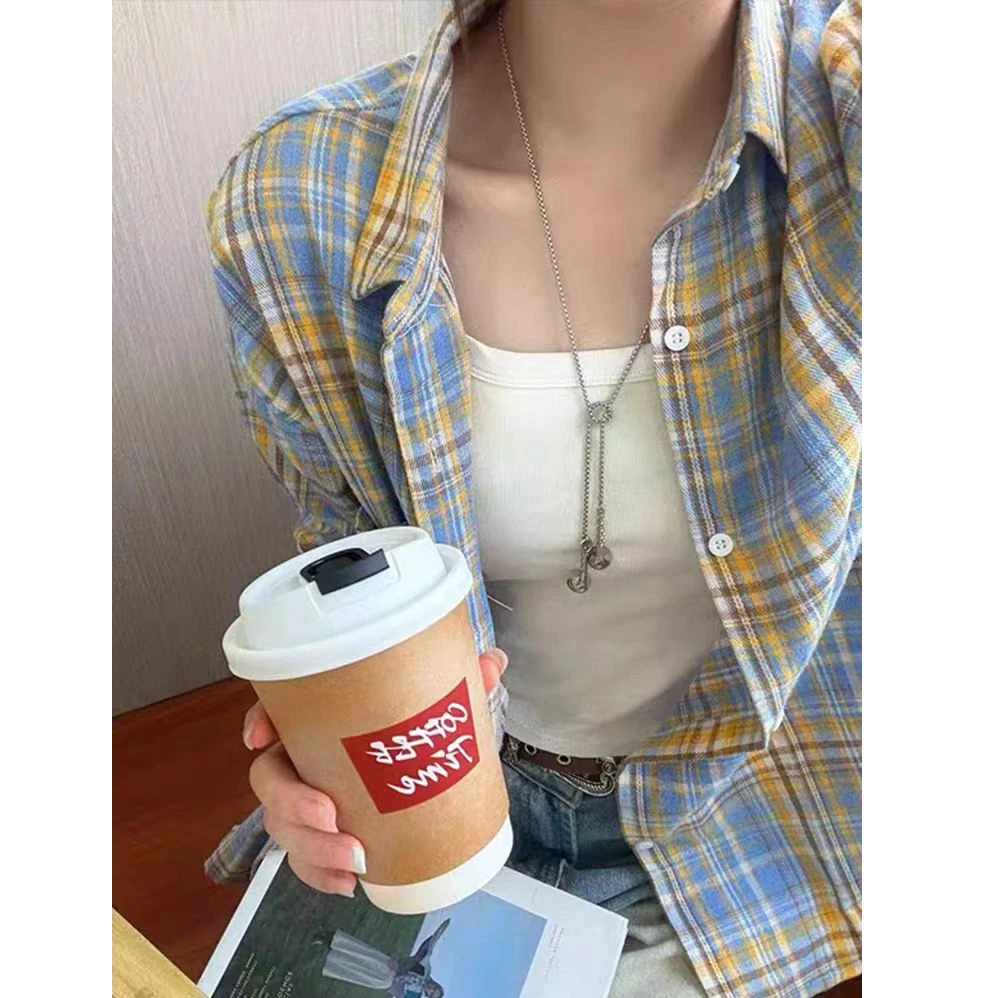 浅蓝格子衬衫女长袖高级感衬衣秋季新款慵懒外套韩版宽松外穿百搭