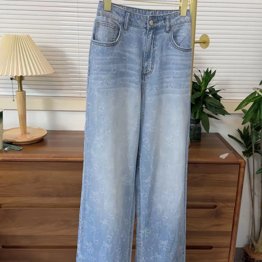 【原歌2】夏季新款洋气薄款百搭樱桃印花长短款牛仔裤YG695