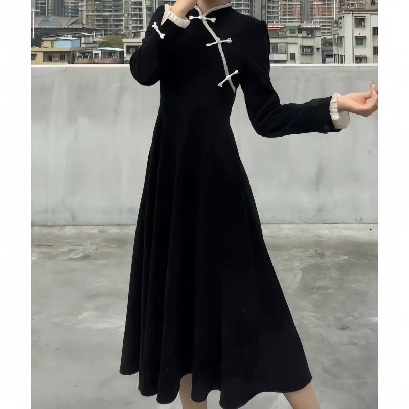 早秋胖mm新中式国风旗袍连衣裙高级感收腰显瘦高腰气质拼接连衣裙